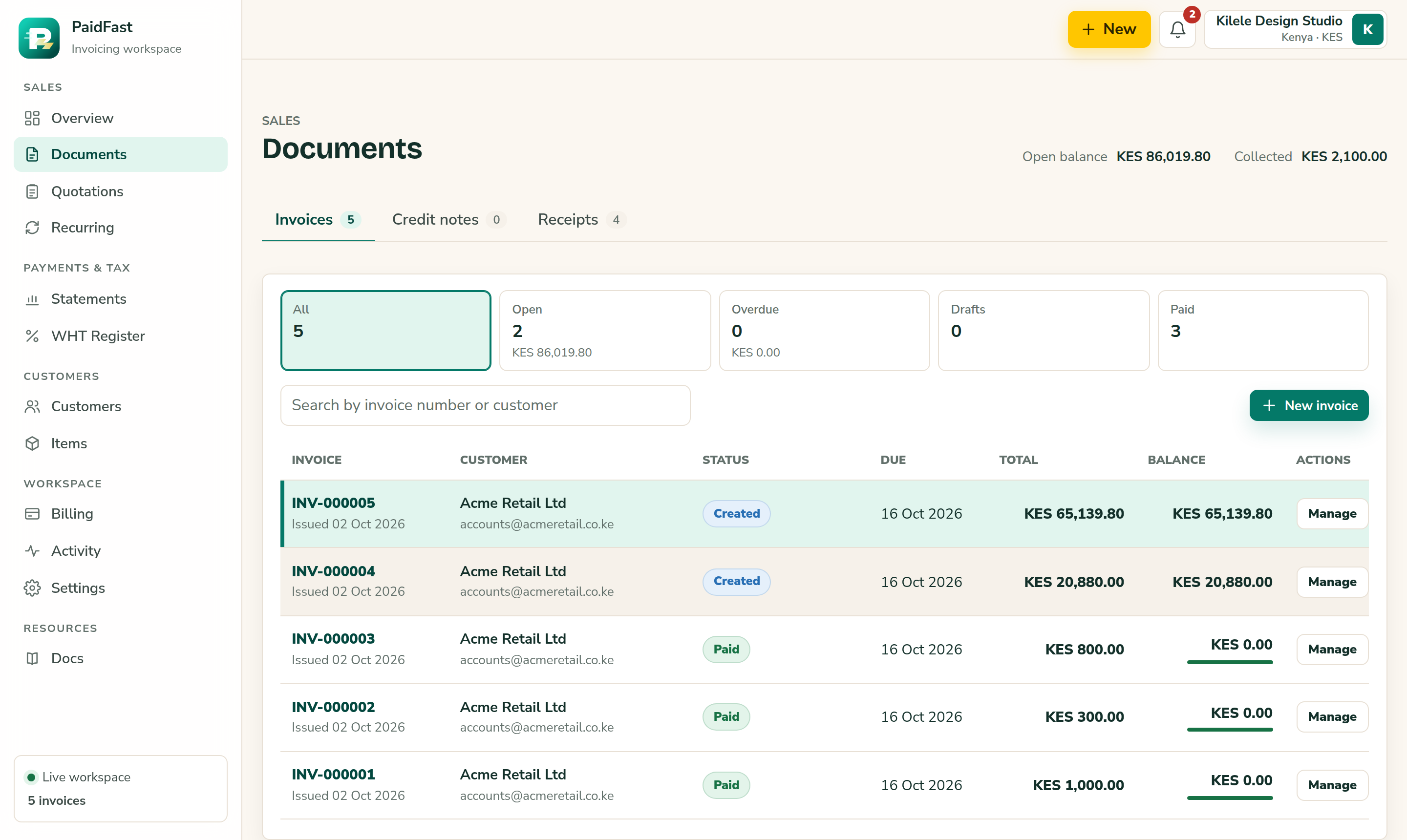 The PaidFast Documents page, listing invoices with their status, due date and balance
