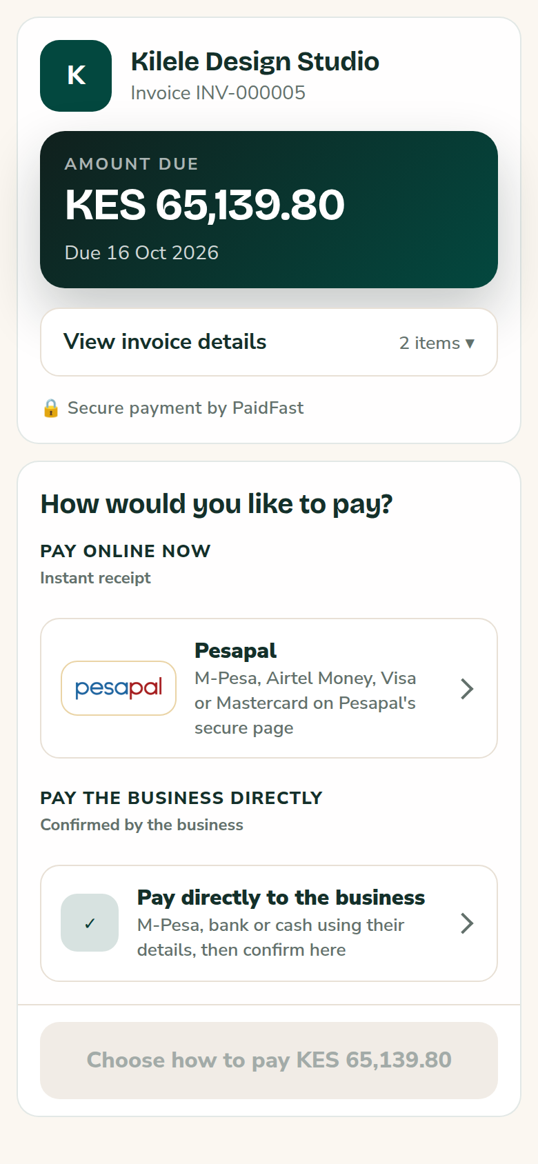 The pay page a customer opens from the invoice link, showing the amount due and ways to pay